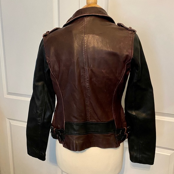 Michael Kors maroon/black leather moto jacket w/ gunmetal hardware -small - Picture 3 of 16